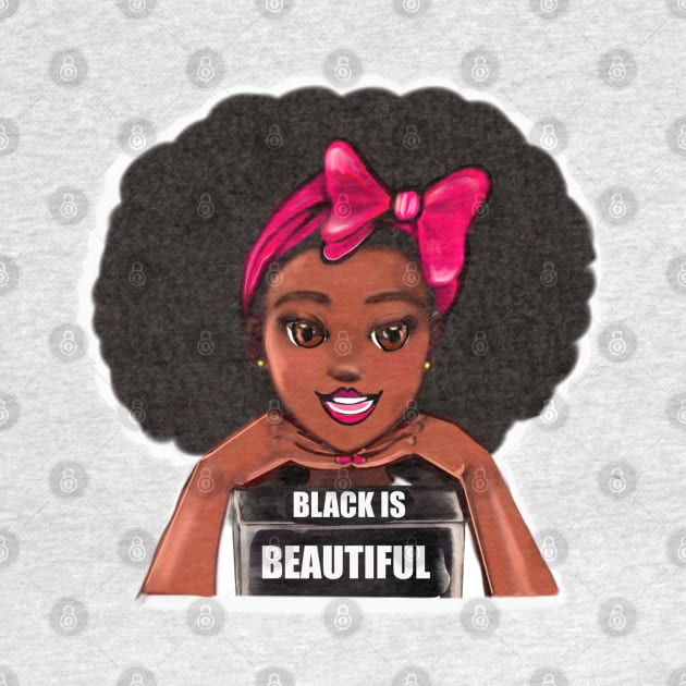 Queen Black is beautiful black girl with Big afro, pink bow, brown eyes and dark brown skin ! by Artonmytee